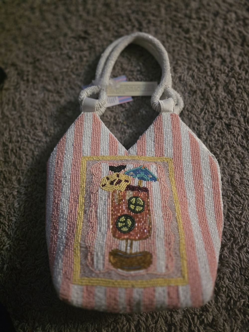 Indian Summer Pink and White Beaded Stripe Tote with Lemon Drink Motif